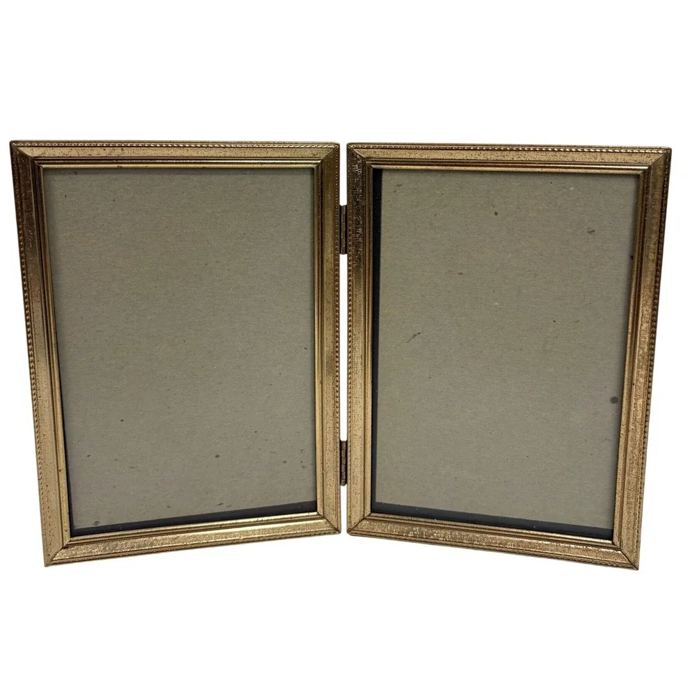 Vintage Gold Metal Glass Double Picture Frame Folding Hinged 5x7 Tabletop Decor